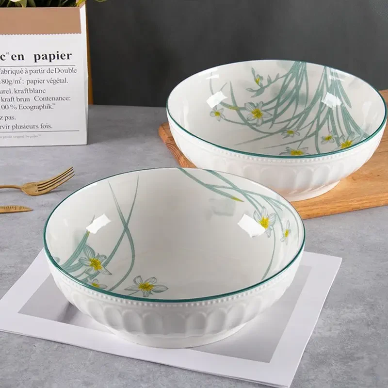 水仙花新款9英寸面碗家用耐高温大汤碗立体浮雕陶瓷釉下彩大餐具