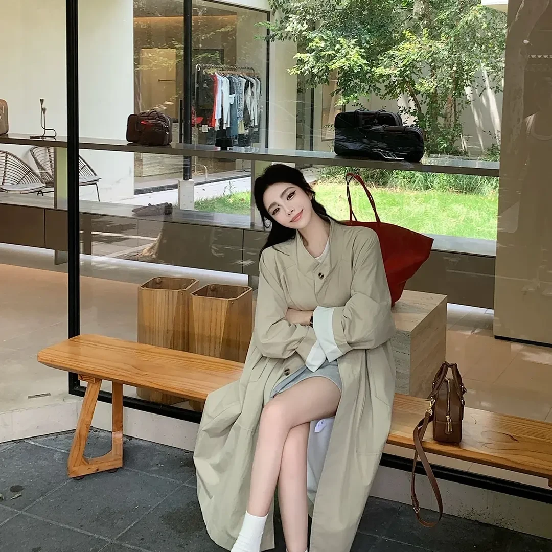 SGCHI 松弛感仿皱感休闲秋季宽松型法式立领女长款风衣中长款