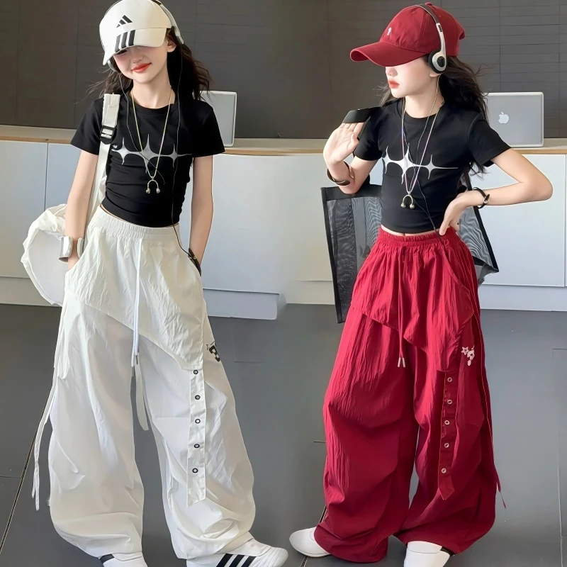 女童夏季洋气爵士舞套装中大童6-12岁短袖速干裤美式工装两件套潮