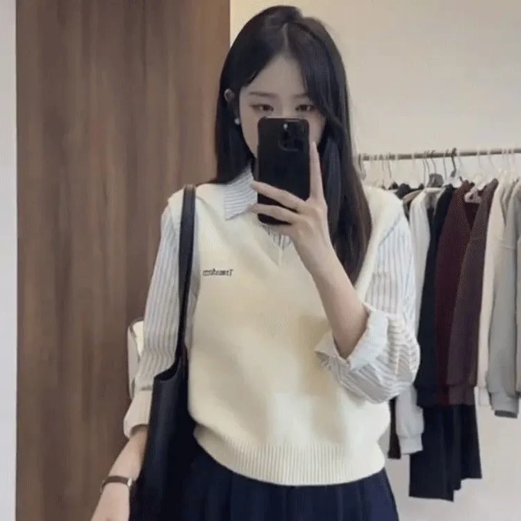 假两件条纹拼接针织长袖衬衫女秋季新款休闲百搭慵懒风穿上衣潮