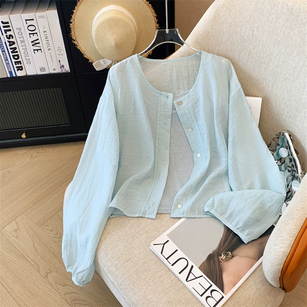 纯色甜美圆领长袖防晒衫吊带背心两件套宽松百搭2025夏季新款上衣