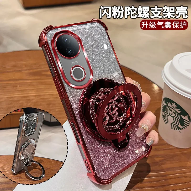 新年红电镀四角气囊闪粉适用VIVOS20手机壳发财旋转支架S19透明软