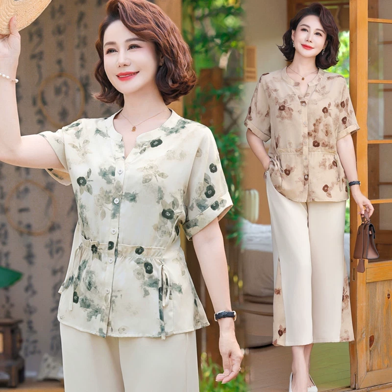 妈妈夏装套装夏款新款洋气遮肚衬衣中老年女时尚花色雪纺衫两件套