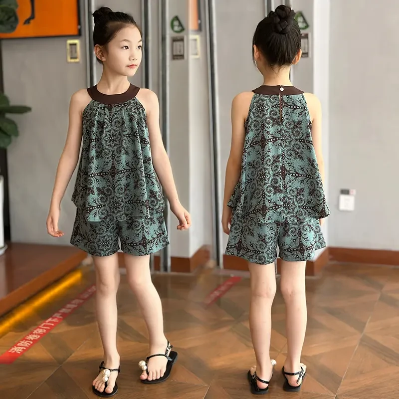 女童夏季休闲风碎花套装2025新款洋气时尚印花中大童少女风两件套