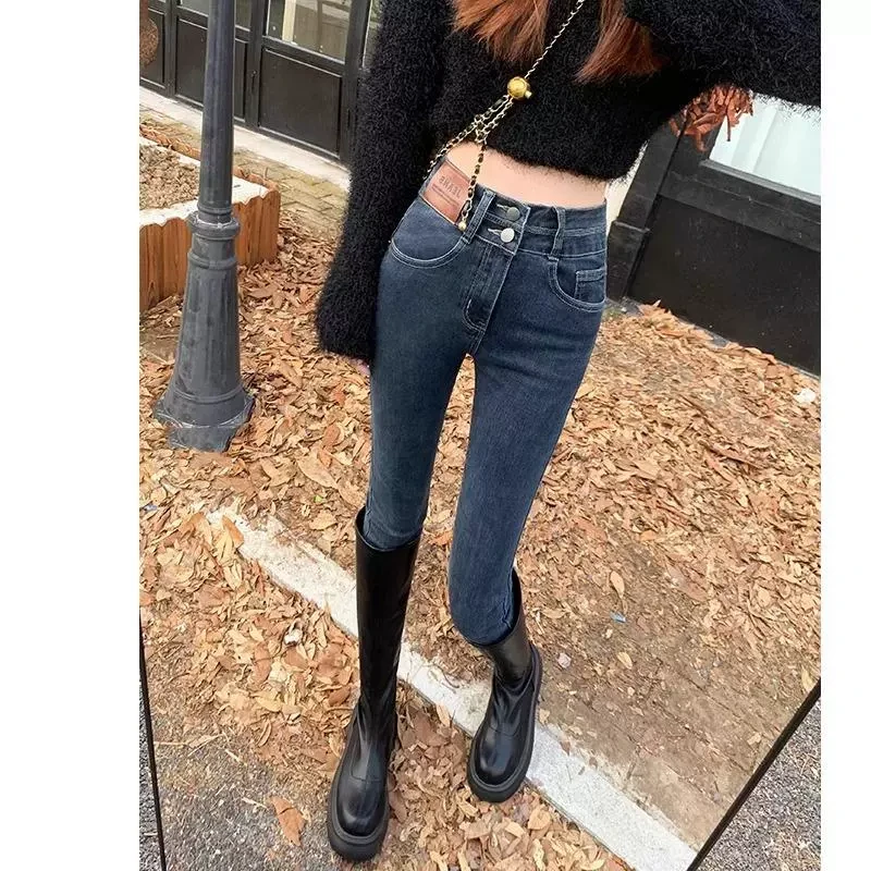 雪千羽高腰牛仔裤女2025年春秋季新款弹力修身显瘦紧身铅笔小脚裤