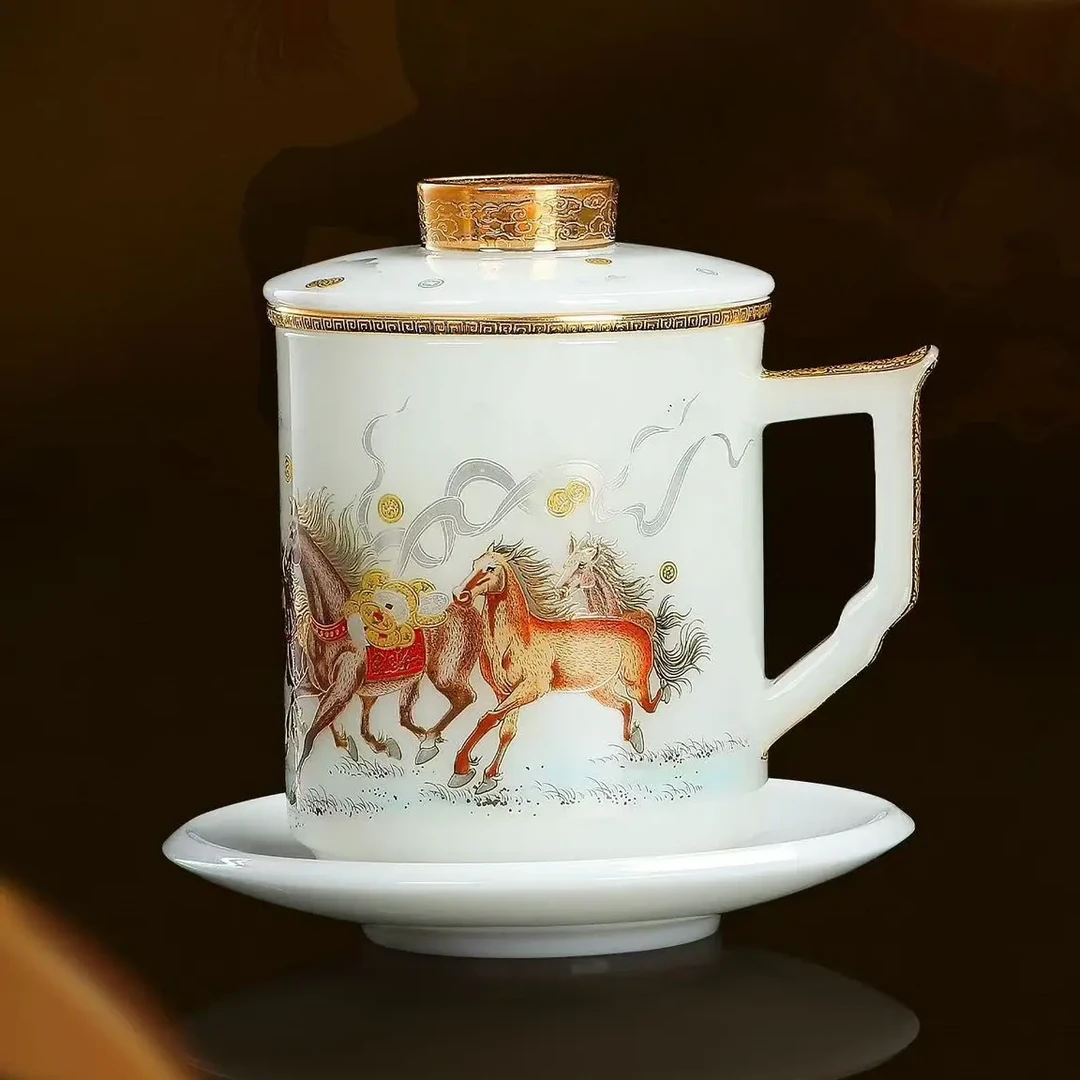 马上有钱冰种璞玉鎏金陶瓷办公杯带盖过滤茶水分离杯高端马年送礼