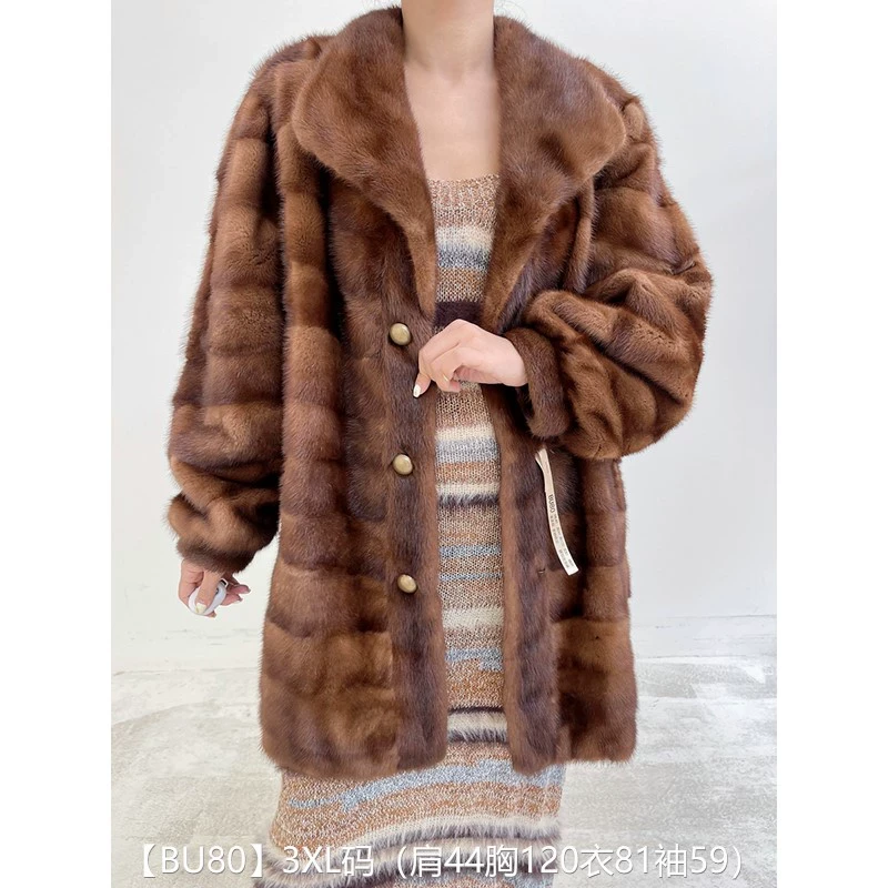 【BU80】3XL码 蜜茶棕全抽横纹中长款貂皮大衣皮草 翻领泡泡袖