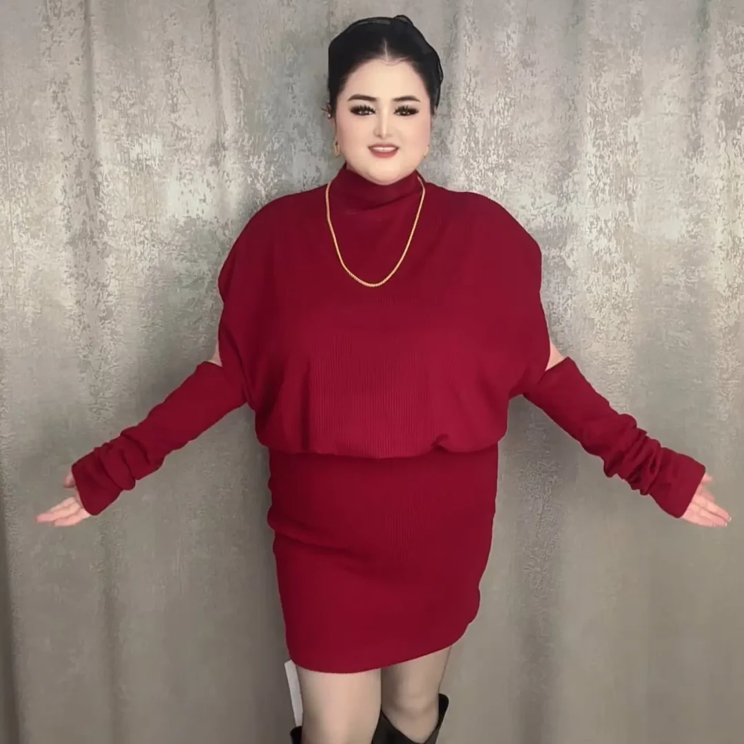 大码高领蝙蝠袖修身显瘦秋冬包臀富家千金风连衣裙