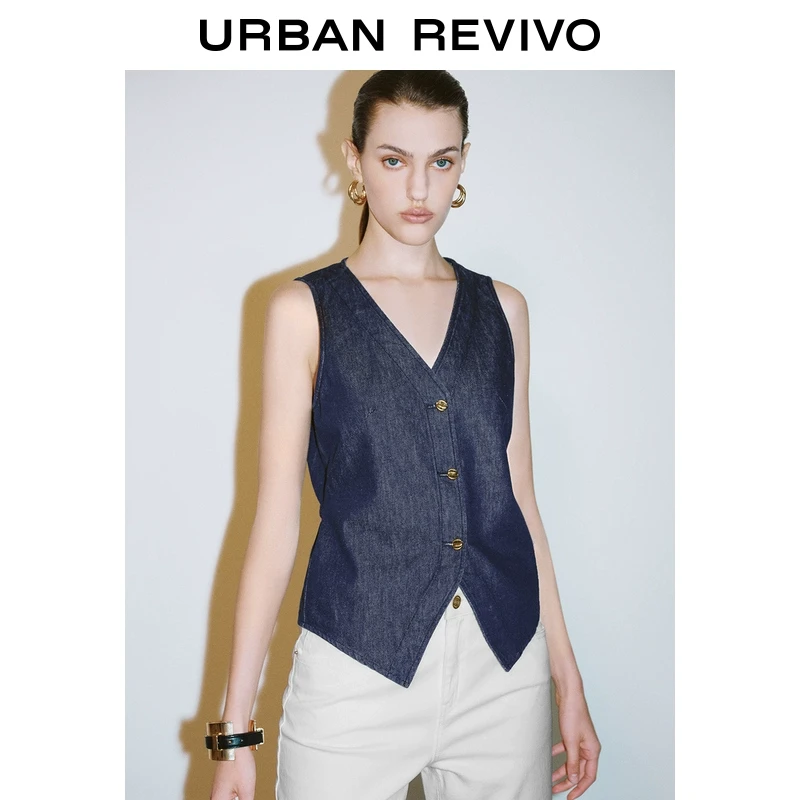 UR2025春季新品女装欧若风复古设计感V领无袖牛仔外套UWG850025
