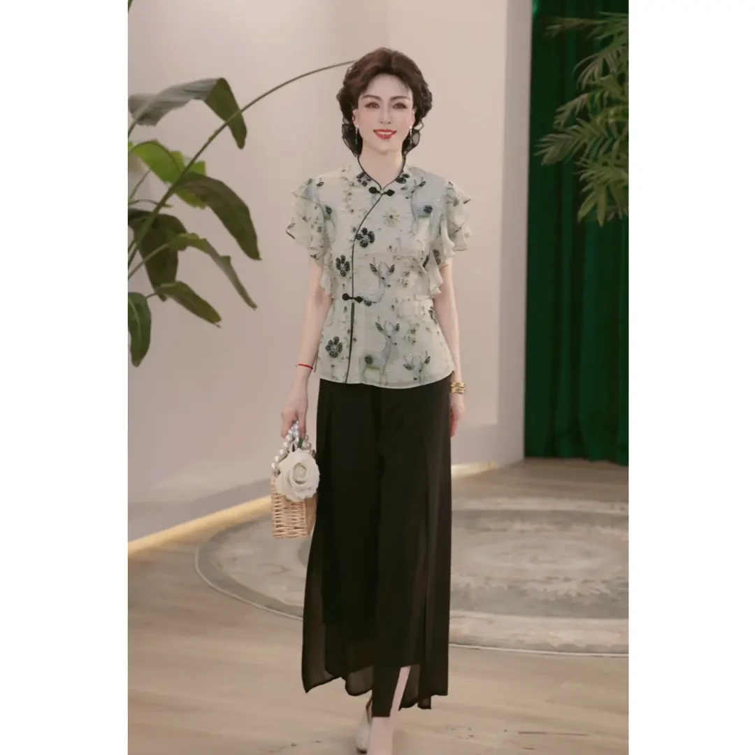 2025新款妈妈装夏季新国风时尚中老年女装洋气t恤小衫上衣服套装