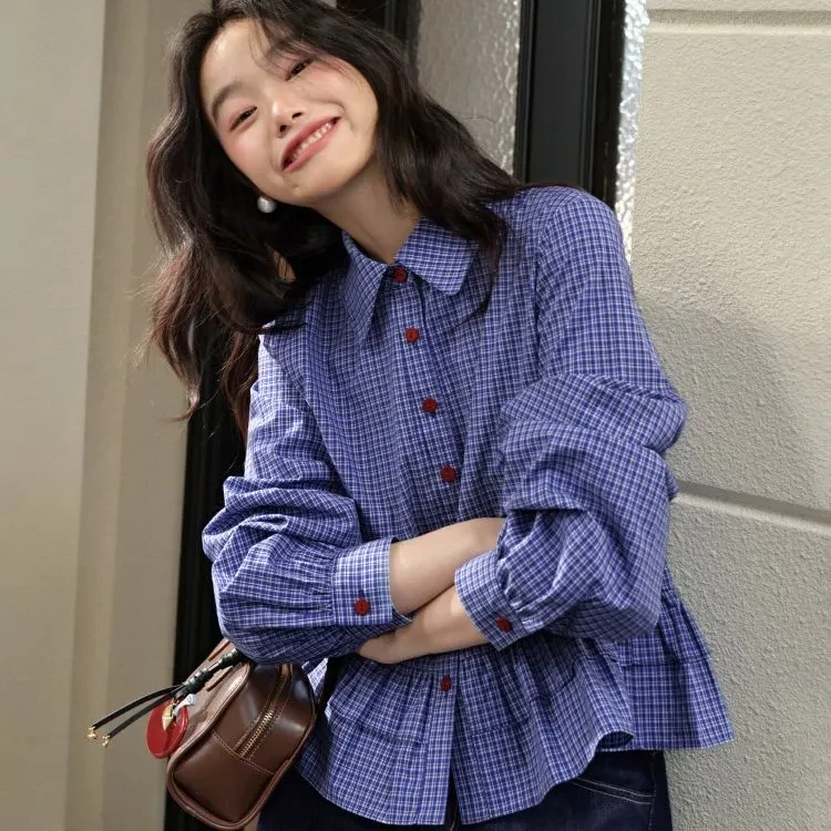 {172}LUOSHI/2025小个子减龄荷叶蓝色格子衬衫长袖衬衣上衣短款