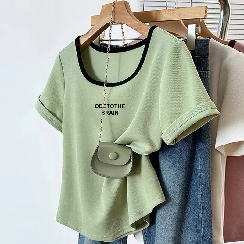 撞色方领上衣夏季2025新款独特别致设计感小众短袖正肩t恤女显瘦