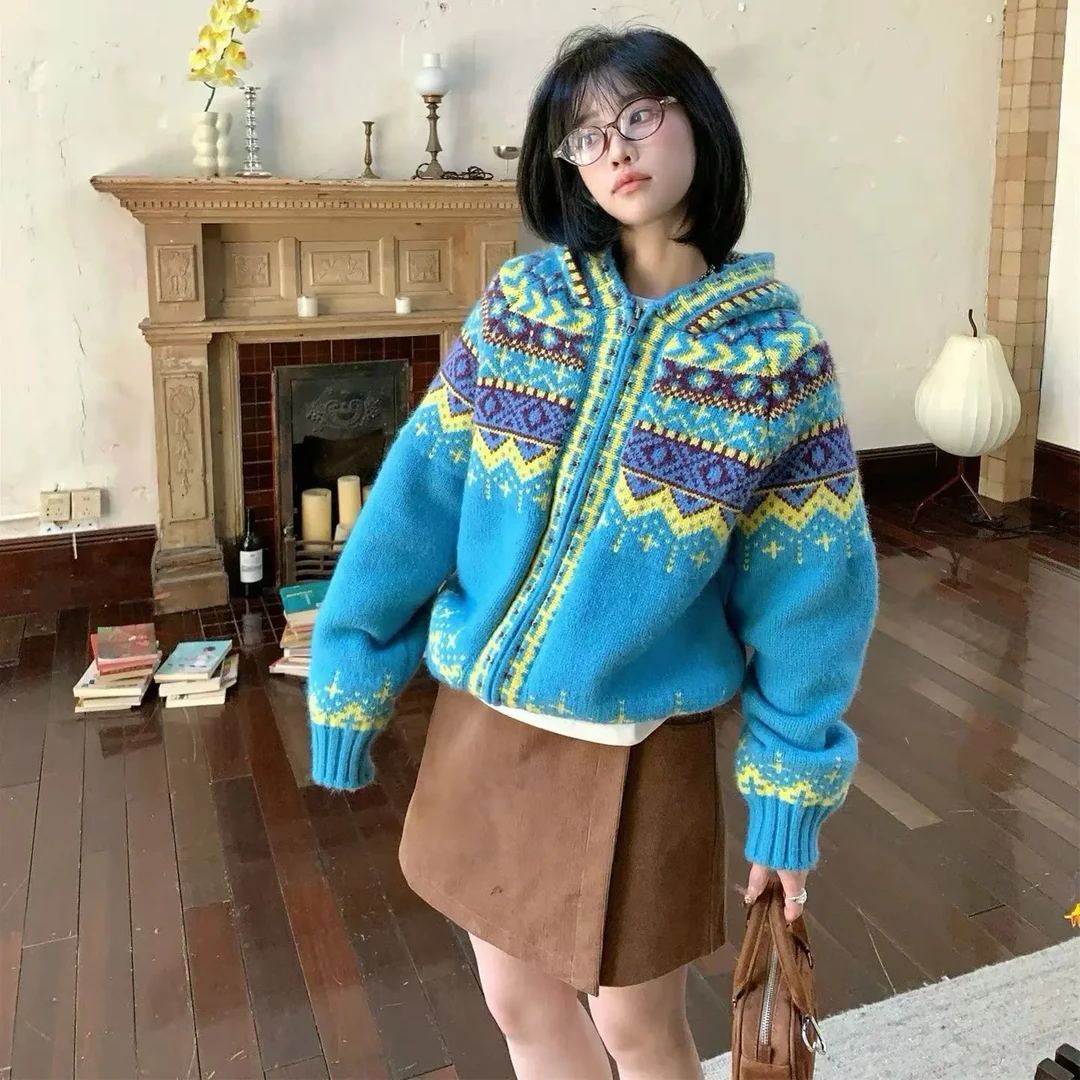 韩系蓝色连帽民族风拼色费尔岛提花加厚宽松毛衣女秋冬