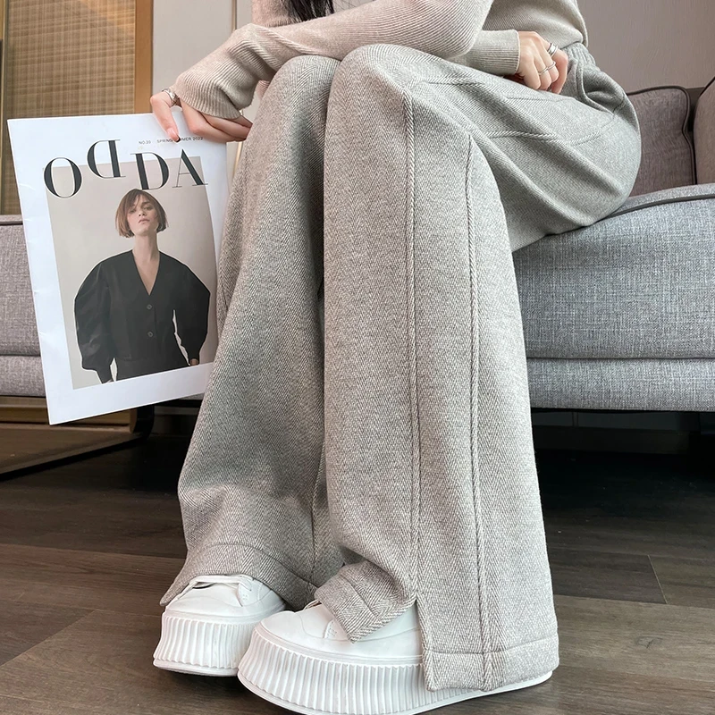 加绒加厚人字纹开叉阔腿裤女九分小个子大码直筒宽松长裤冬款