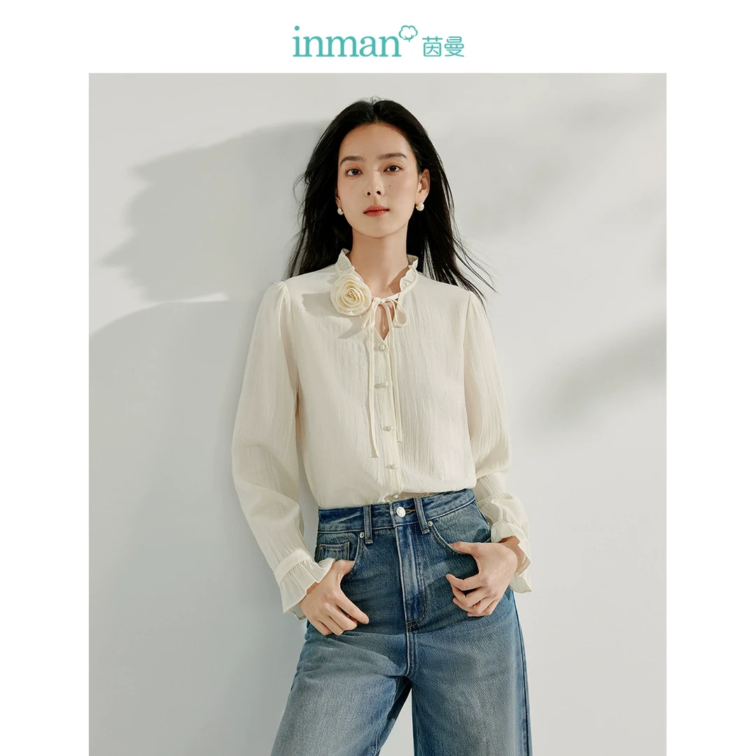 【年货穿新衣】茵曼春季系带荷叶边V领胸花衬衫气质长袖衬衣上衣女