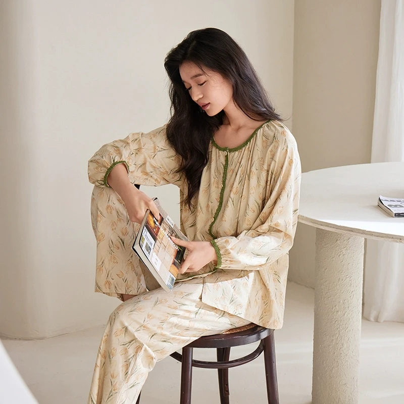 秋鹿【春日漫游】超柔软睡衣女2025春夏新款高级印花圆领长袖家居服