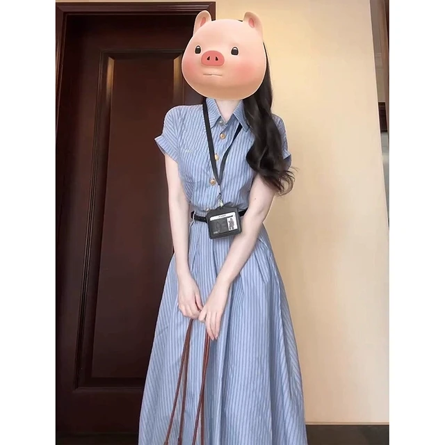 大码法式条纹连衣裙女2025新款夏季条纹衬衫裙胖MM遮肚子显瘦裙子