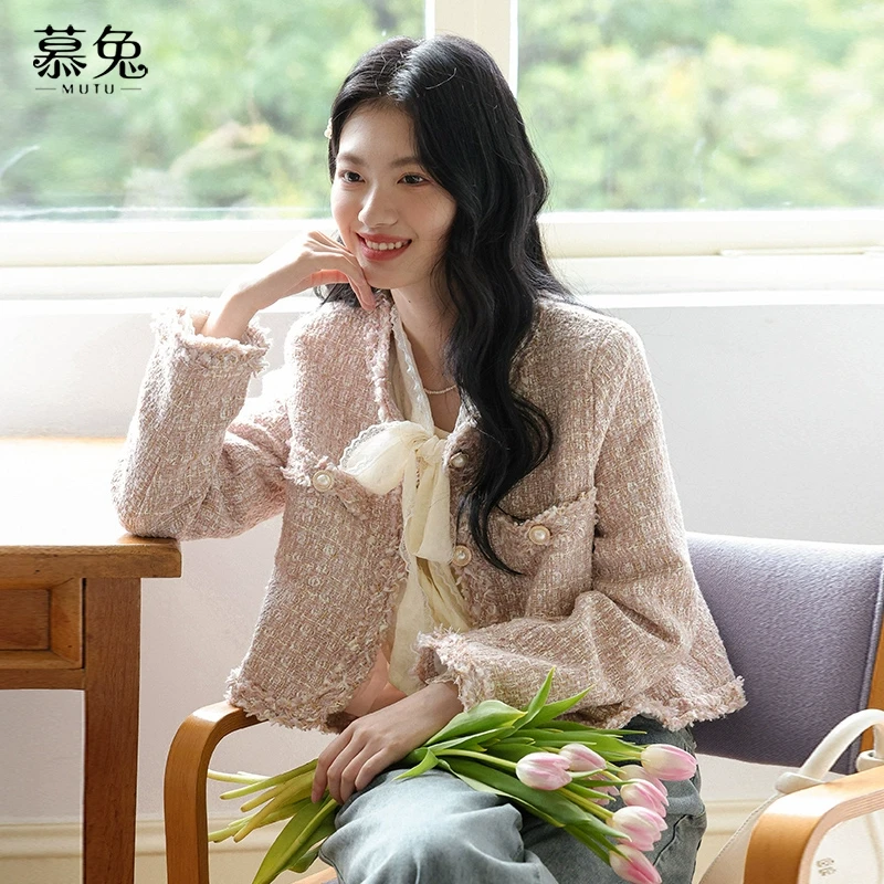 慕兔法式粉色小香风外套女2024秋季新款小个子气质粗花呢短款上衣