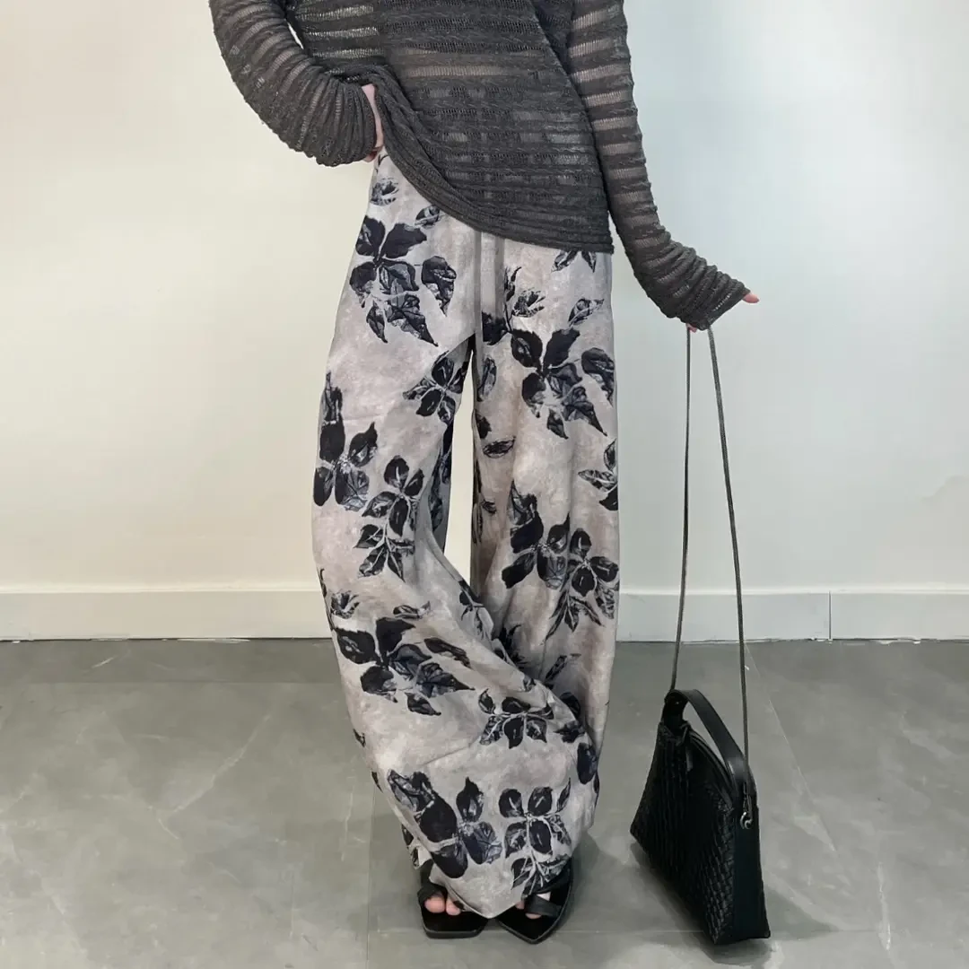 复古印花休闲裤女夏季新款松紧腰显瘦气质时髦洋气百搭直筒阔腿裤