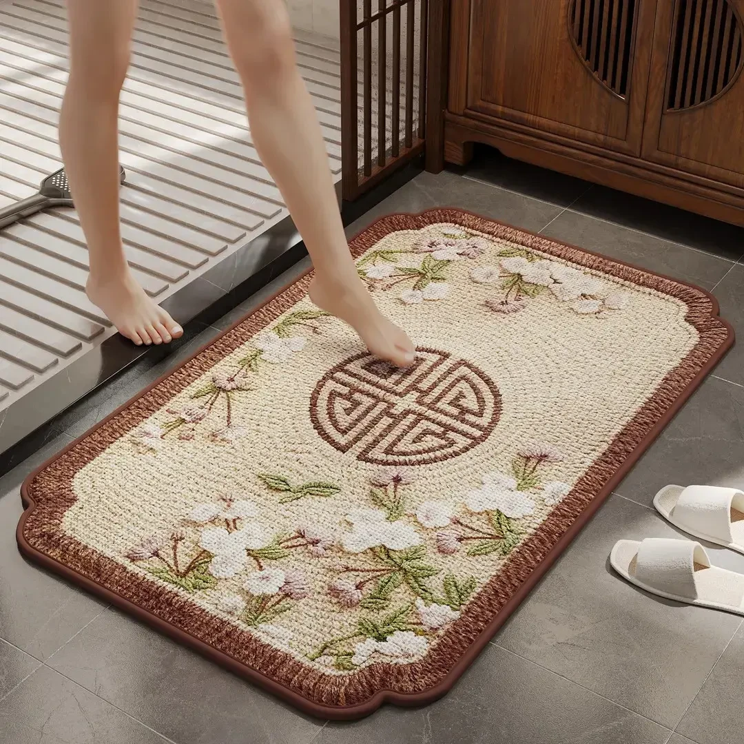新中式古风简约亚麻毛线编织冬天浴室卫生间吸水防滑耐脏地垫脚垫