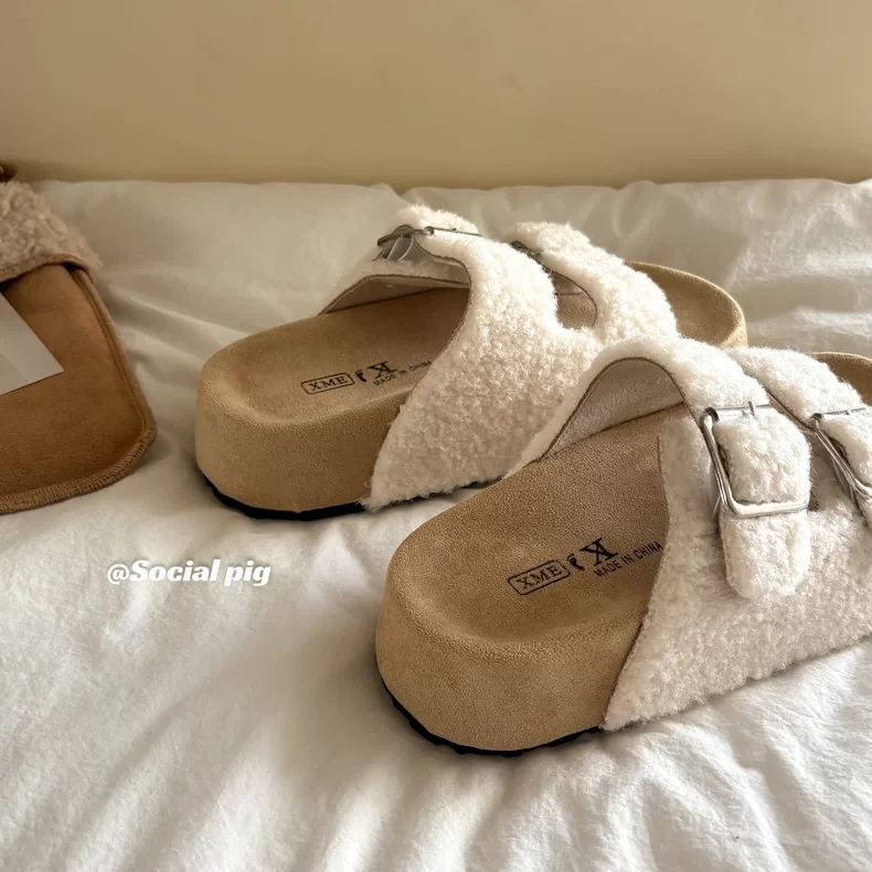 温柔优雅仙女风一字带厚底毛毛拖鞋女时尚百搭外穿秋冬保暖棉鞋女