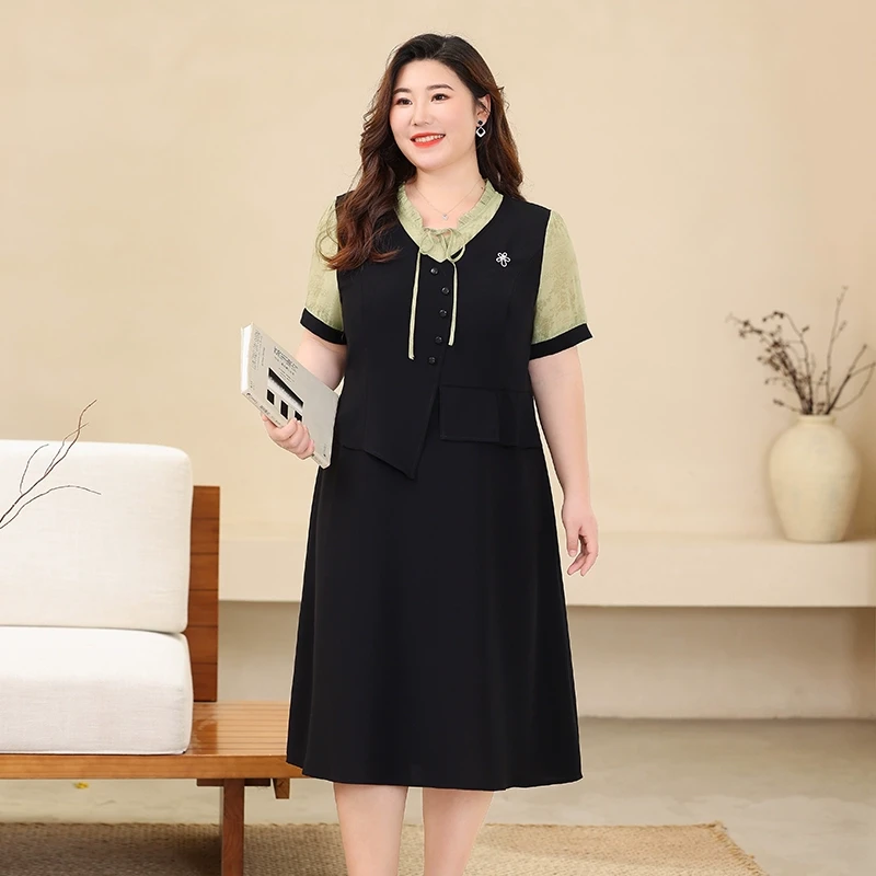 名媛大码女装中式拼接撞色假两件连衣裙2025夏季新款气质裙子