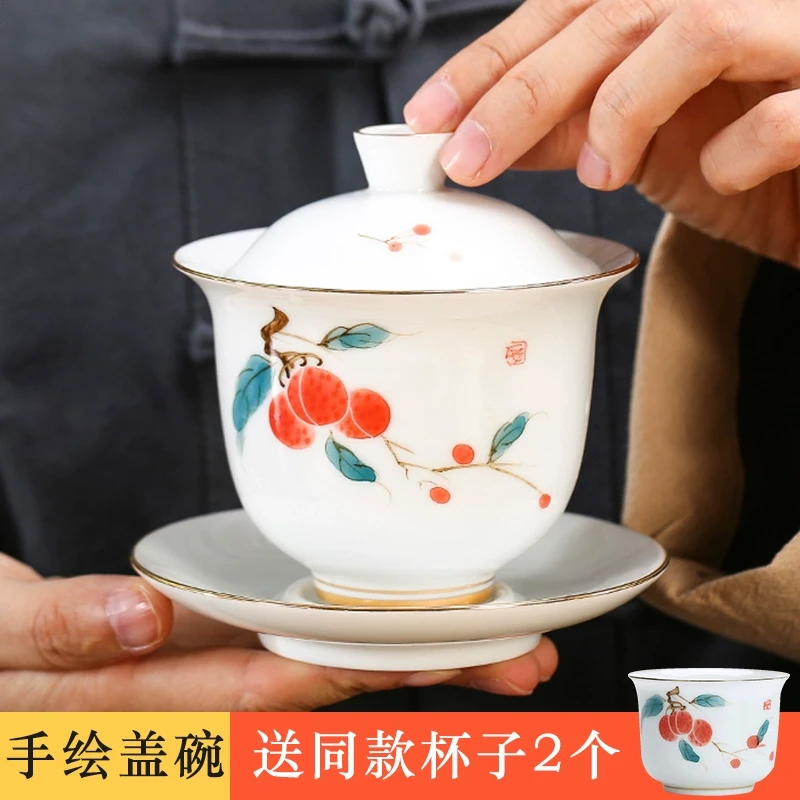 大号手绘陶瓷泡茶碗青花瓷釉下彩大码三才盖碗手工绘制盖杯白瓷碗