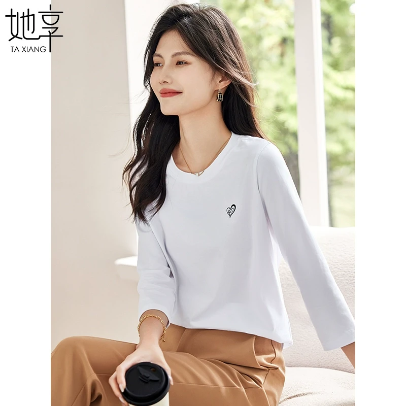 【她享】长袖T恤女爱心刺绣圆领体恤衫春秋七分袖打底衫T143T2043
