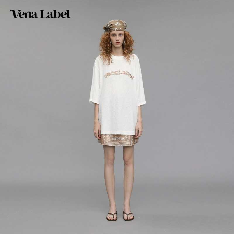 vena label25SS春夏新款刺绣LOGO简约纯色宽松短袖T恤上衣女士