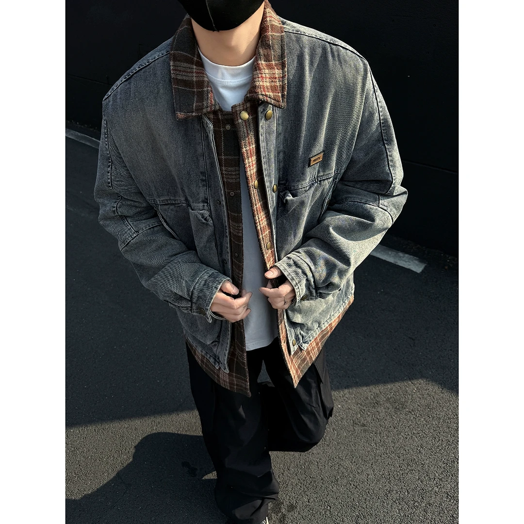 美式复古格子拼接牛仔假两件外套男春秋季款情侣潮牌水洗大码夹克