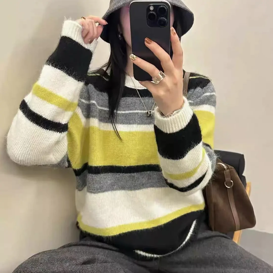 2025秋冬新款设计感美式复古慵懒风拼色条纹针织衫毛衣撞色上衣女