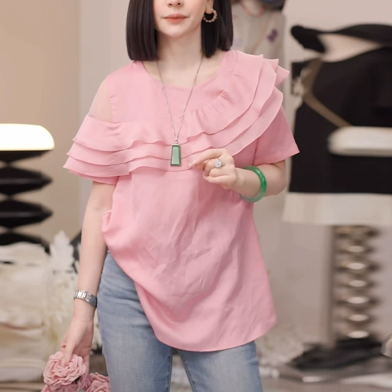 粉色不规则衬衫女士2025夏季洋气减龄宽松设计感别致小衫短袖上衣