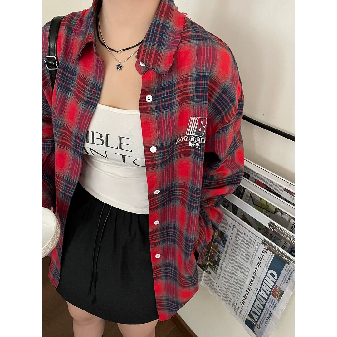 【现现专场】新款大码女独特漂亮超好看格子衬衫胖mm设计感宽松衬衣