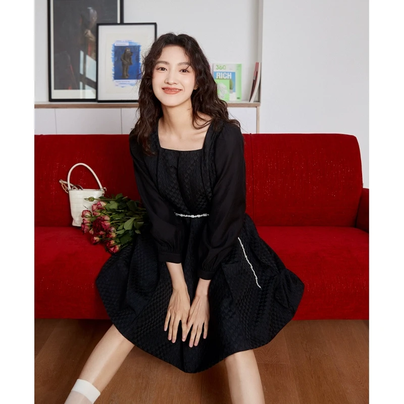 【Fy】温柔风法式复古长袖方领裙子2025春季新款专柜撤柜品牌女装