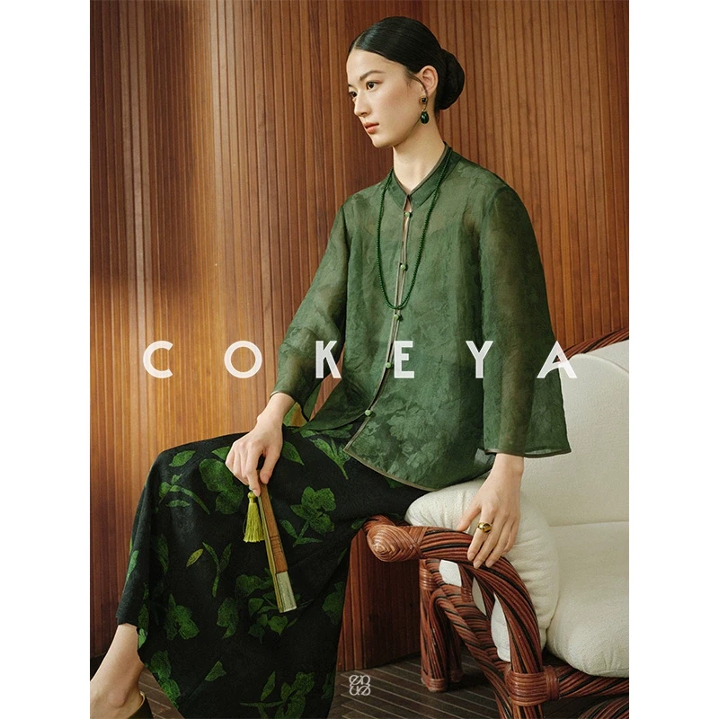 COKEYA/东方美人~提花软烟罗 6A级真丝花罗欧根纱新中式国风衬衫