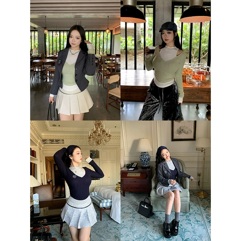 肉装小cherry 雀跃时分 微胖显瘦假两件镂空设计撞色修身绣花上衣