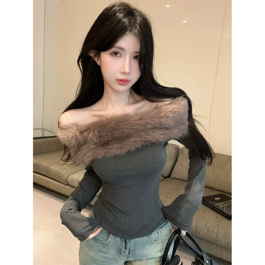 秋冬修身气质打底衫一字肩内搭长袖T恤女设计感小众显瘦辣妹上衣