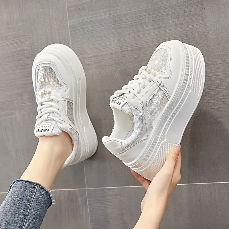 欧洲站真皮透气厚底松糕鞋女2024韩版春夏增高百搭小白鞋女网鞋爆