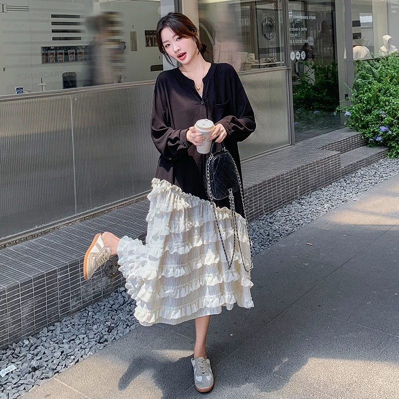 黑色拼接连衣裙女2025年春季新款超好看不规则蕾丝气质A字长裙潮