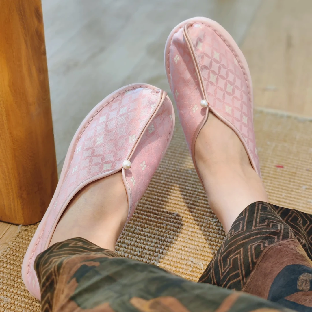 苏地苏锦粉七宝千层底新中式舒适平底女软底民族风透气套筒布鞋