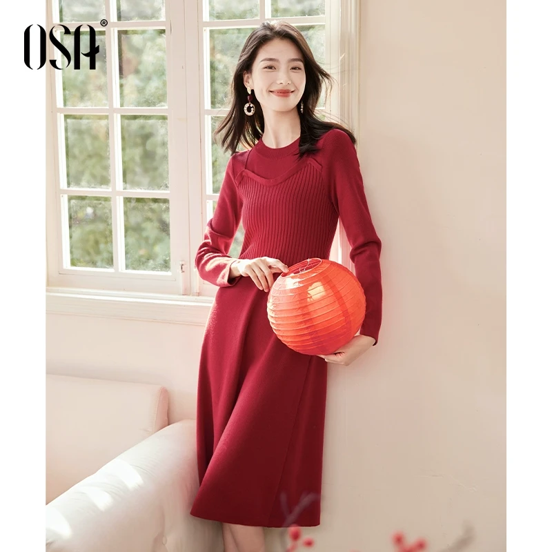 【OSA/欧莎】新年红假两件连衣裙女过膝中长款打底裙子S124D13020