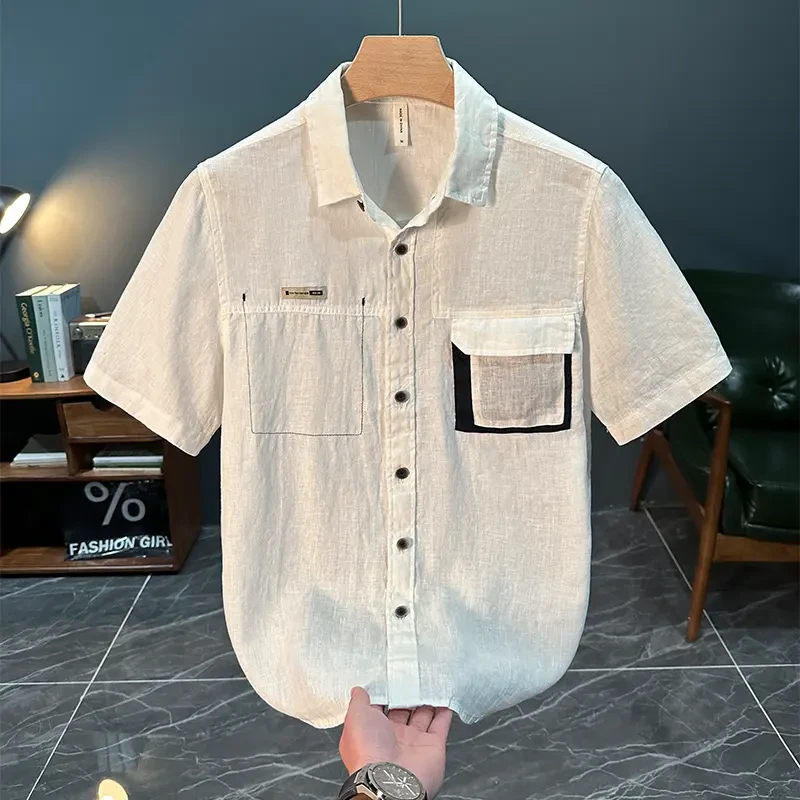 潮牌日系工装纯亚麻短袖衬衫男士宽松透气百搭文艺休闲衬衣