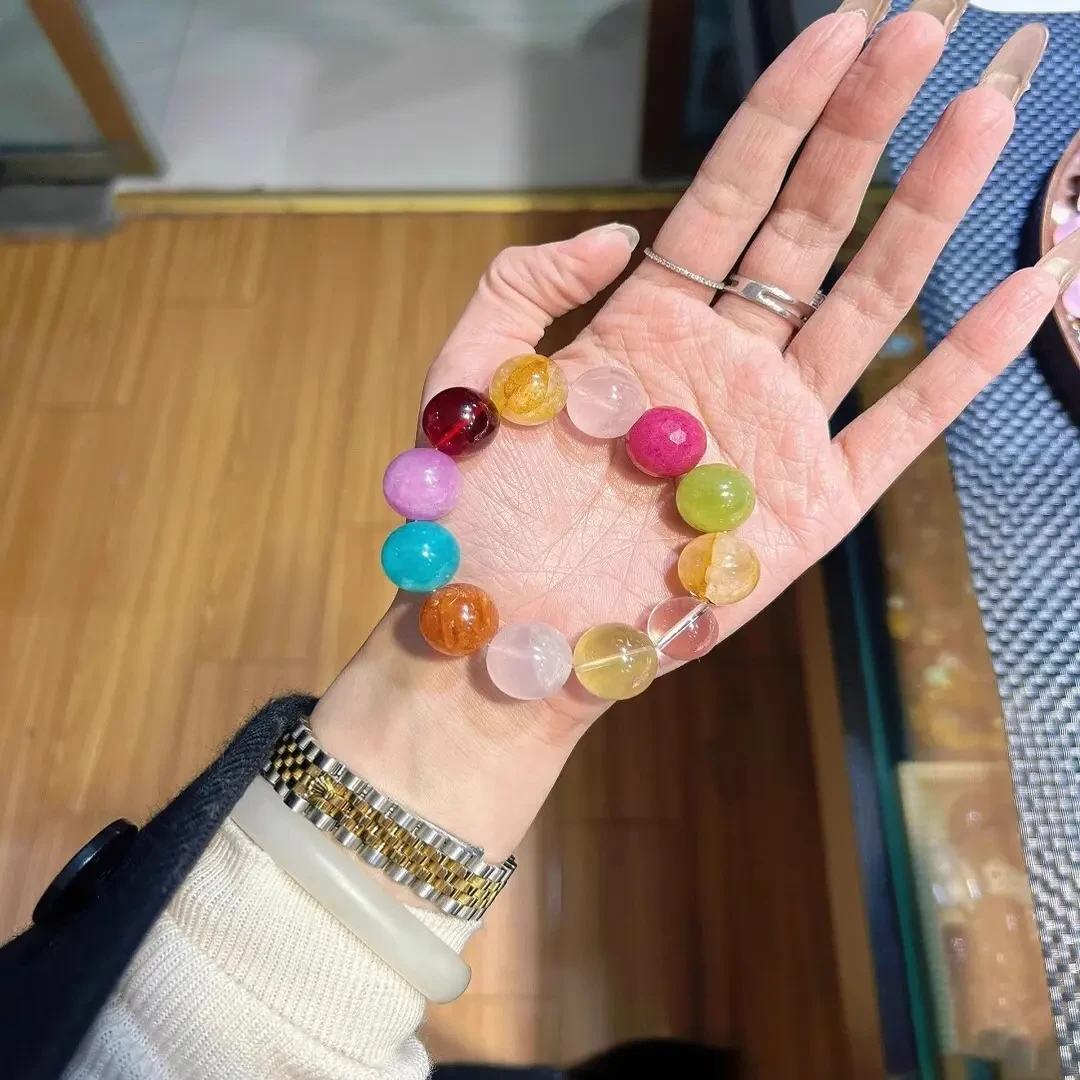 超美彩虹色圆珠手串女复古招财桃花手链串珠轻奢手链