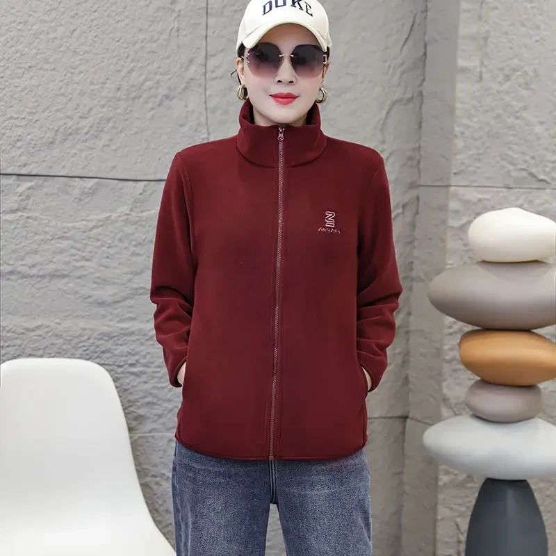 春秋新款时尚百搭纯色双面奥粒绒休闲薄绒立领上衣女士简约外套