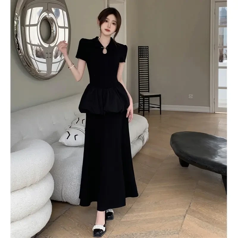 大码胖mm新款收腰显瘦长裙夏季黑色新中式短袖连衣裙女爆款洋气