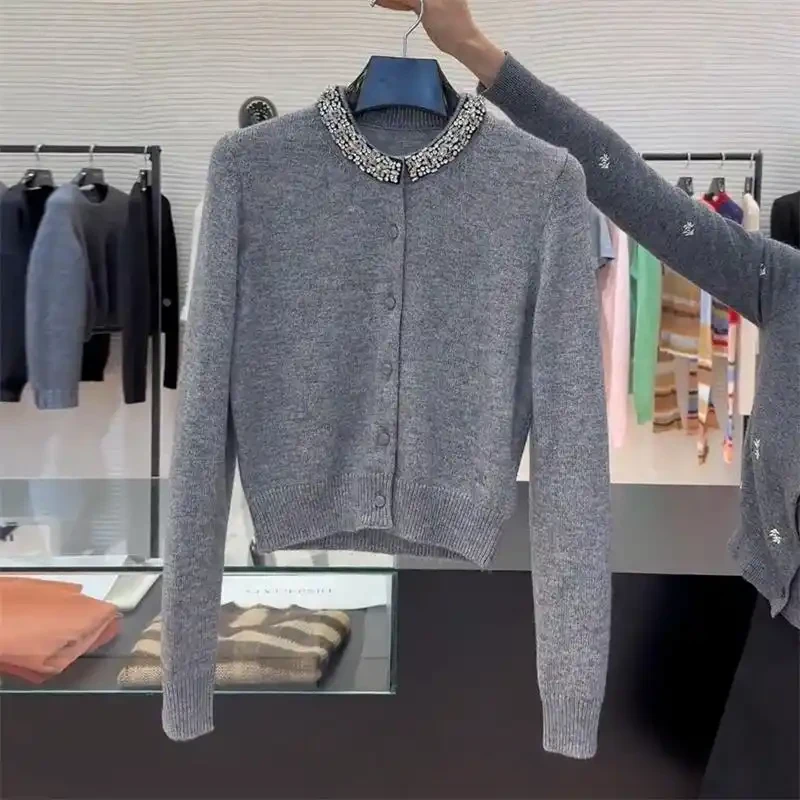 法式复古感亮片针织开衫女春季新款韩系宽松显瘦外搭气质上衣