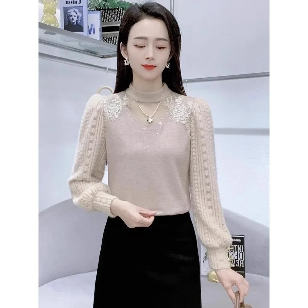 2025年春秋冬季新款长袖蕾丝打底衫加绒加厚时尚显瘦上衣内搭女士