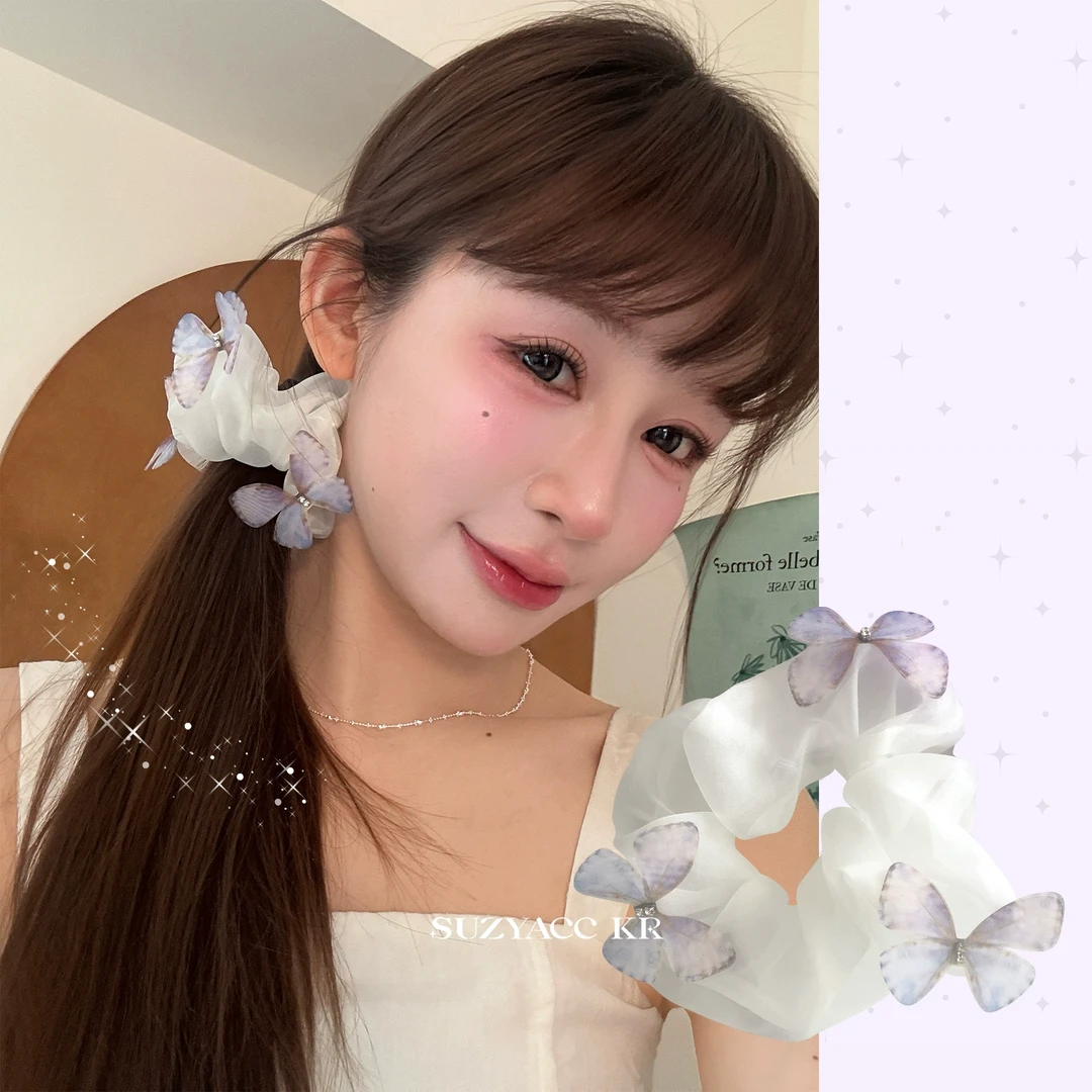 Suzyacc Kr仙气温柔蝴蝶网纱高级发圈低马尾小众盘发大肠圈F4085