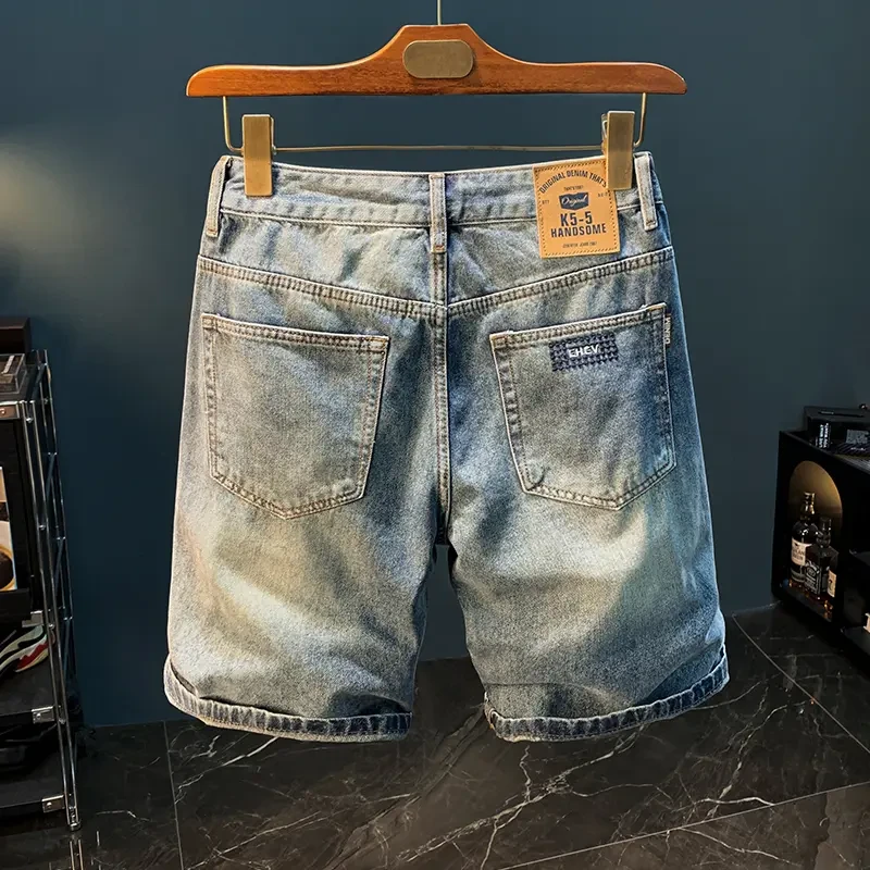 夏季五分牛仔裤男款浅蓝色水洗直筒短裤修身显瘦薄款男士休闲中裤