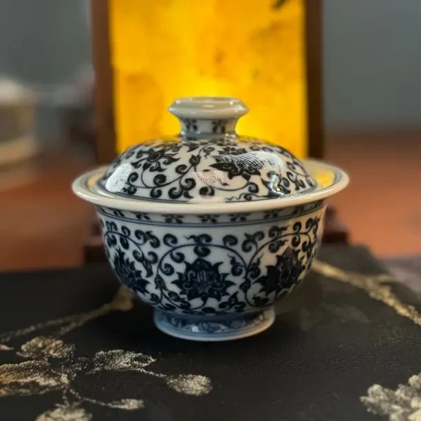 A346【景墨春风柴窑】景德镇手工手绘青花精工缠枝莲盖碗120ml